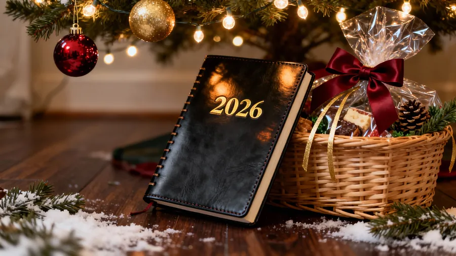 Elegancki kalendarz 2026 i kosz prezentowy przy choince