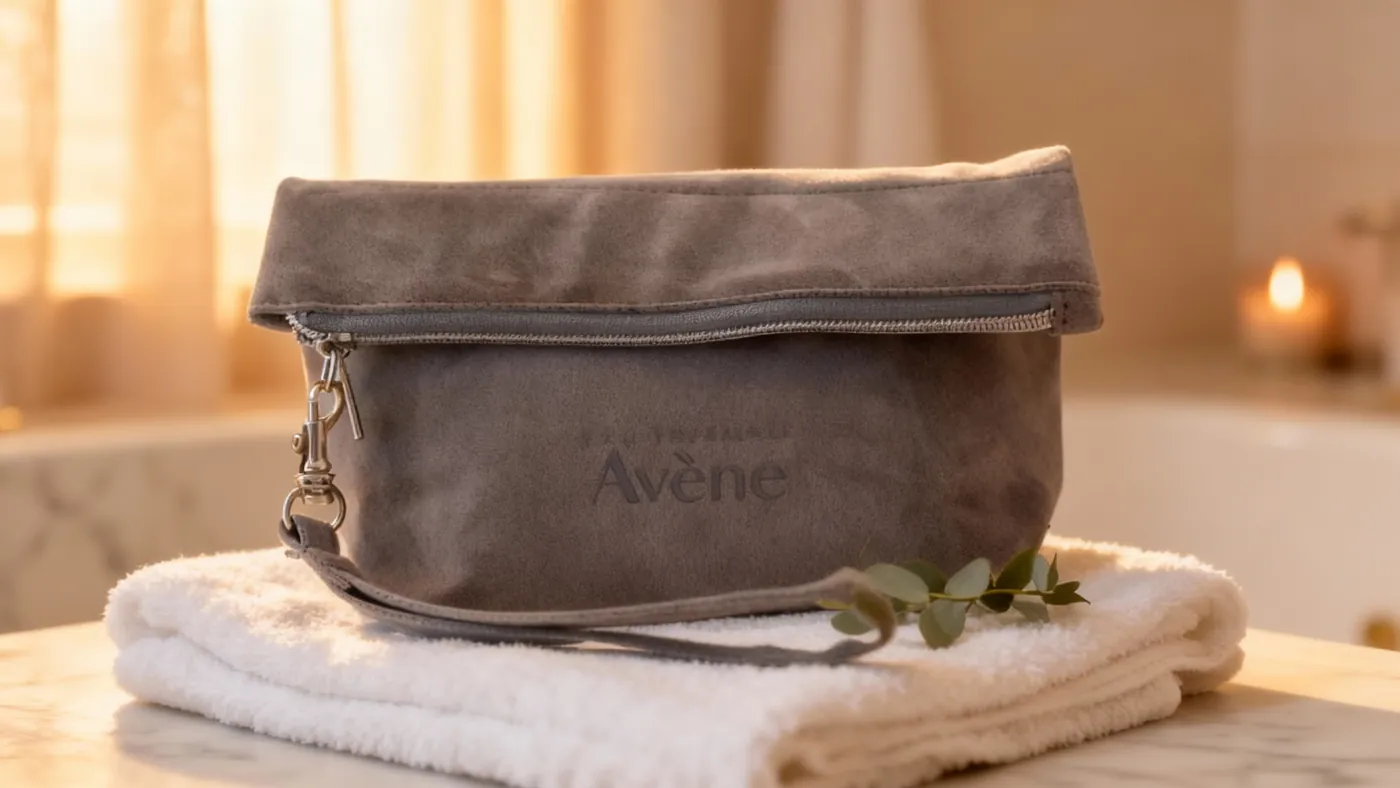Zamszowa kosmetyczka z logo Avène na ręczniku