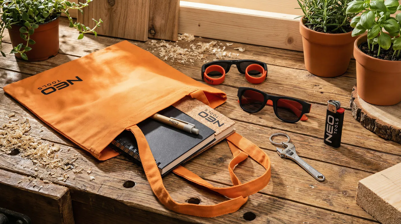Torba, notesy i okulary z logo NEO Tools na drewnianym stole
